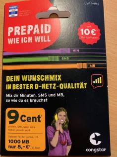 Congstar Prepaid Sim Karte DE Nummer mit ca.9, 96 EUR Restguthaben