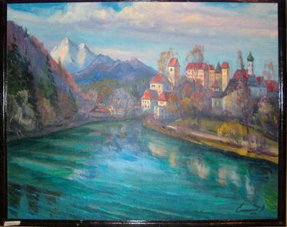 Orig. Ölgemälde - Stadt-Flußlandschaft - sign.