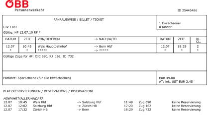 ÖBB Sparschiene Ticket 12.Juli2021 von Wels nach Bern