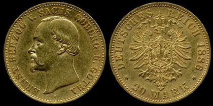 Sachsen-Coburg-Gotha. Ernst II., 1844-1893. 20 Mark 1896 A. Vorzüglich. 