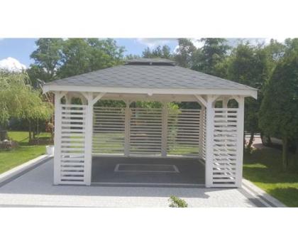 GARTENHAUS GARTENLAUBE KLEBEDACH MIT HOLZ CIECHANOW BITUMENSCHINDELN 3, 5mx4, 5m