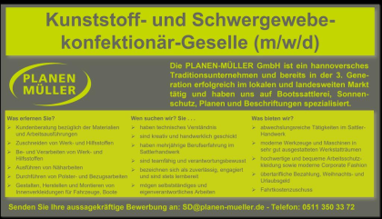 Verstärkung gesucht: Kunststoff- und Schwergewebekonfektionär-Geselle (m/ w/ d) 