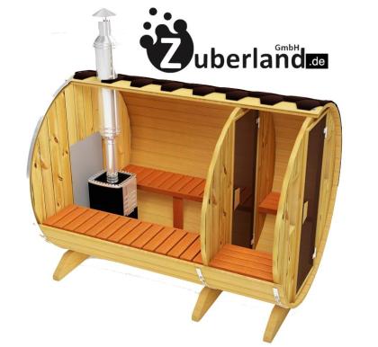 3m Fichten Sauna mit Vorraum 2, 2m Durchmesser und Holzofen, Saunafass, Sauna-Fa