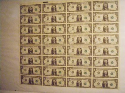 1 Bogen Eindollarnoten ungeschnitten