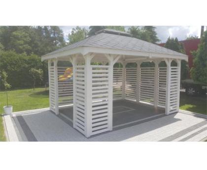 GARTENHAUS GARTENLAUBE KLEBEDACH MIT HOLZ CIECHANOW BITUMENSCHINDELN 3, 5mx4, 5m