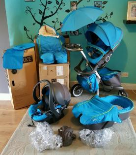 3 in 1 Stokke Xplory V5 Kinderwagen mit Neugeborenen Carry Cot zum Verkauf