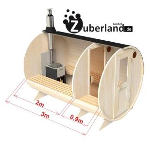 3m Fichten Sauna mit Vorraum 2, 2m Durchmesser und Holzofen, Saunafass, Sauna-Fa