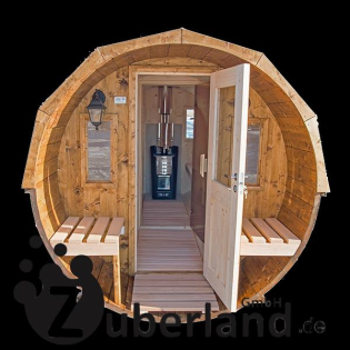 Fass-Sauna 4m mit Vorraum und überdachte Sitzmöglichkeit