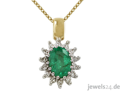 Diamantcollier, Kette mit Anhänger, Smaragd Edelstein, Diamanten, Gold günstig